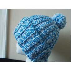 Hand knitted elegant & warm  pom pom beanie/hat   light blue and white  eb-60711178